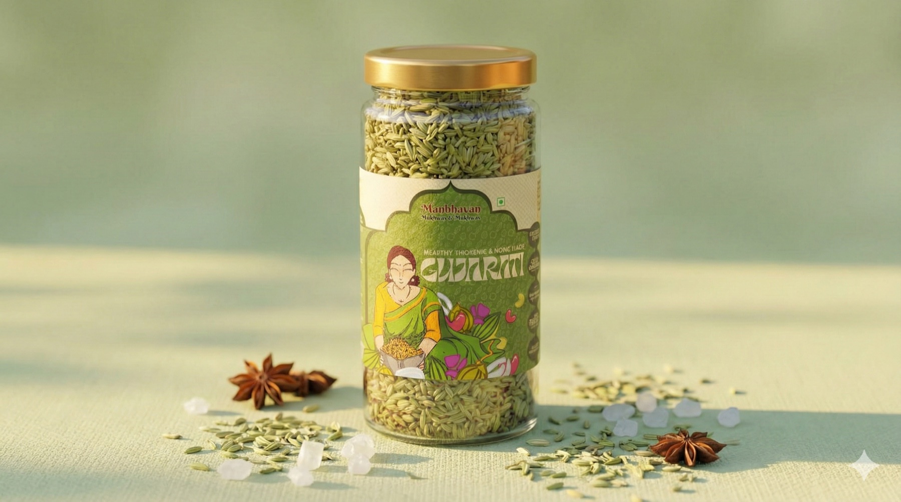 Mukhwas — Gujarati variant jar with the illustrated Gujju Aunty label